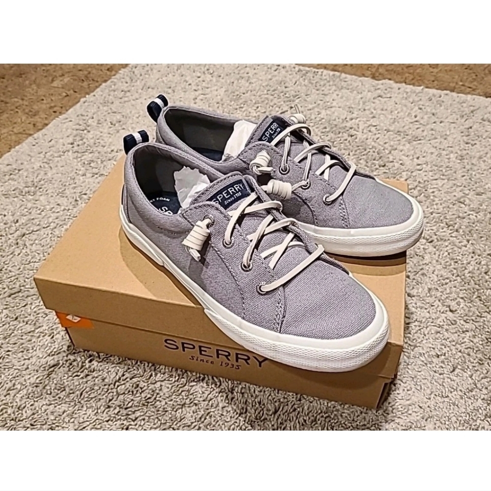 Womens Sperry Size 7 Pier Wave Sneakers Slip On Canvas Shoes Memory  Foam Gray
